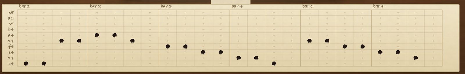 A punched paper strip, twenty-one holes across six bars, from e5 down to c4.